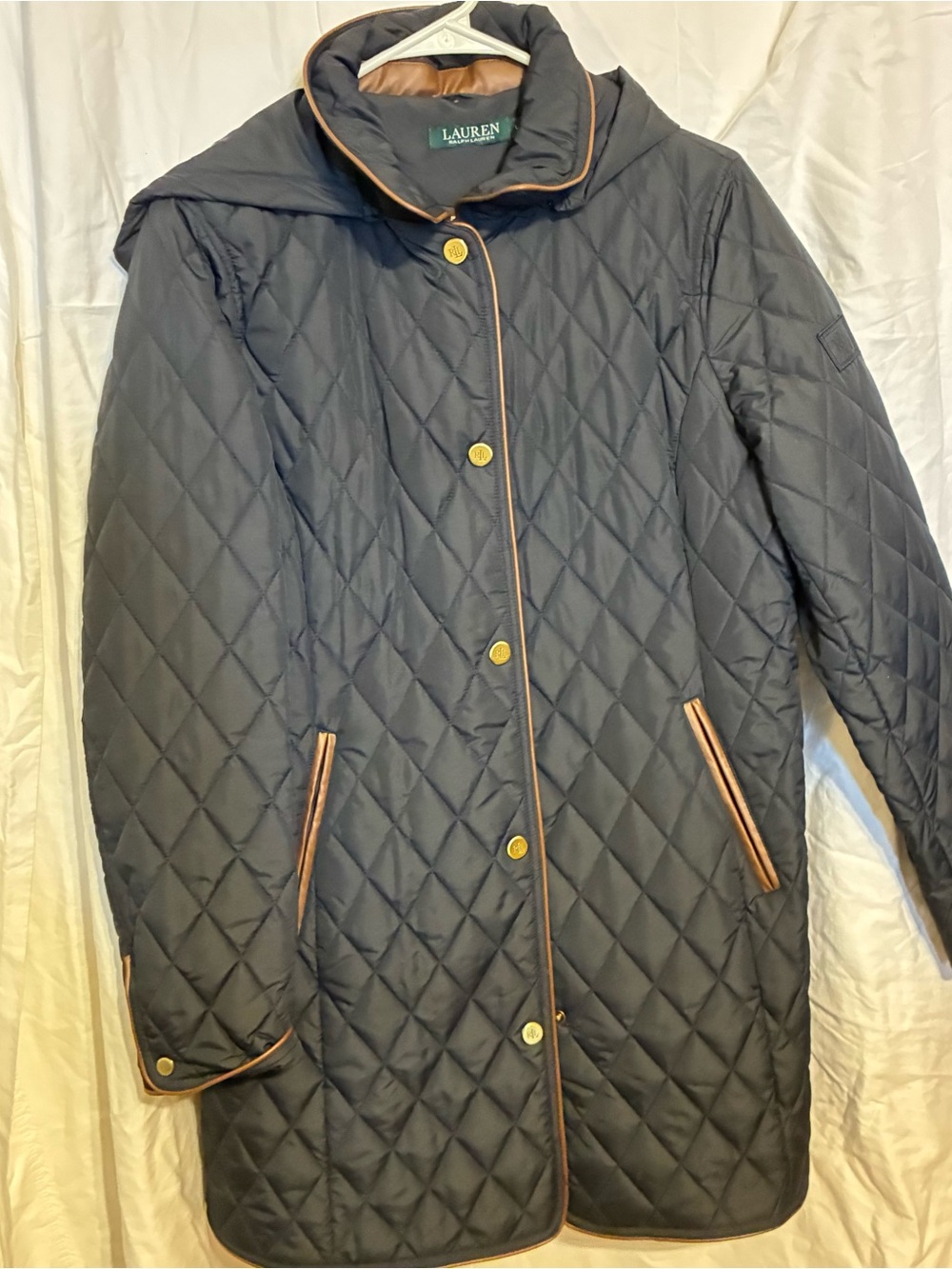 Ralph Lauren Black Quilted Coat with Tan Trim
